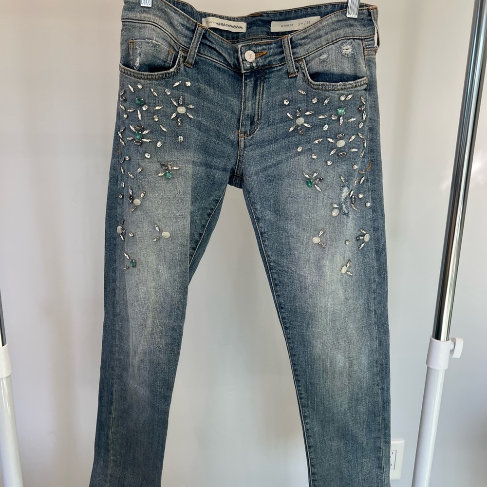 Anthropologie-Pilcro Jewel Embellished Blue Straight Leg Jeans